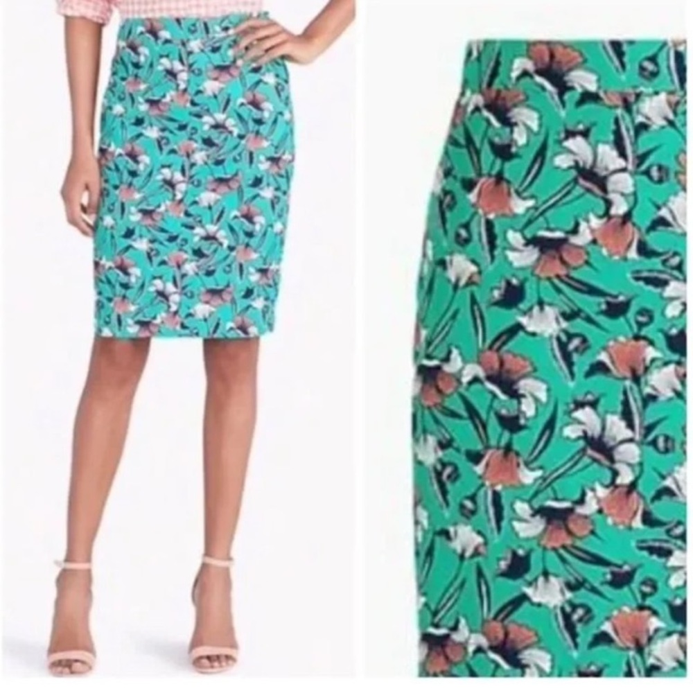 *J by J. Crew Green Floral Size 0 Cotton Pencil Skirt #P